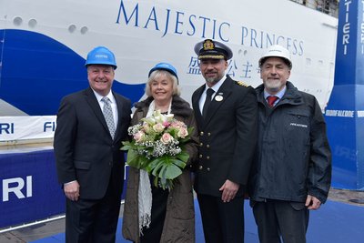 (From left to right) Executive Vice President of Fleet Operations Keith Taylor, Graziella Sagani (Captain Sagani's mother), who served as the ship's "madrina," Captain Dino Sagani, and Fincantieri Shipyard Director Mr Attilio Dapelo at the float-out ceremony for Majestic Princess.