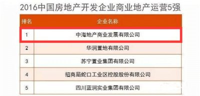 2016中国房地产开发企业商业地产运营5强榜单