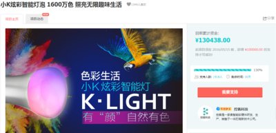 小K炫彩智能灯上线9小时后破13万元支持