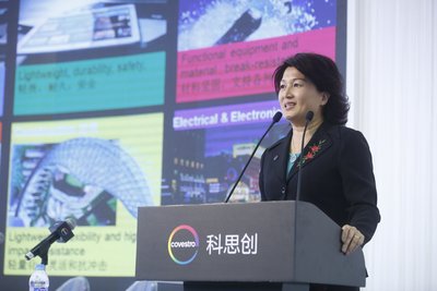 Michelle Jou, President of Business Unit Polycarbonates of Covestro AG delivers a speech on Covestro and its polycarbonates business development during the Covestro press conference at Chinaplas 2016