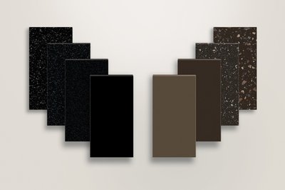 照片版权归杜邦(TM)可丽耐(R)所有。左(从前至后)：深黑夜、深闪晶墨、深黑石英、深夜空；右(从前至后)：深栗褐、深咖啡、深暴风、深可可棕。
