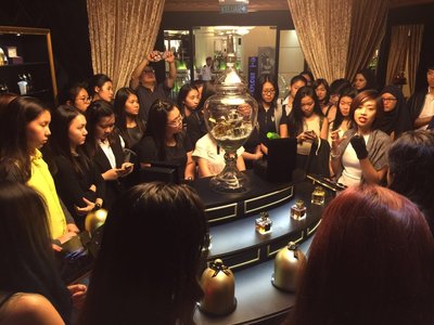 Ms Johanna Tabuyo, Sales and Operations Director of Fragrance Du Bois, talking to students from Raffles College on Oud oil, and the importance of obtaining it sustainably.