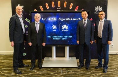 Spark and Huawei executives at the Spark’s 4.5G Mobile Site Launch, from left to right: Spark New Zealand General Manager of Networks Colin Brown, Spark New Zealand Managing Director Simon Moutter, Huawei South Pacific President David Wei, Huawei New Zealand CEO Jason Wu.