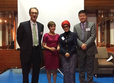 Keynote speakers (from the left): Justin Doebele, Chief Editorial Advisor at Forbes Indonesia and Vice President of Jakarta Foreign Correspondent Club, Prita Laura, News Anchor at Metro TV, Nia Niscaya, Director of International Tourism Promotion at Ministry of Tourism, Government of Indonesia, and Yujie Chen, Senior Vice President of PR Newswire, Asia Pacific. 