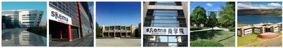 SKEMA商学院在全球拥有六大校区，从左往右分别为位于法国巴黎、里尔、索菲亚·安提波利斯、中国苏州、美国罗利及巴西贝洛的各校区