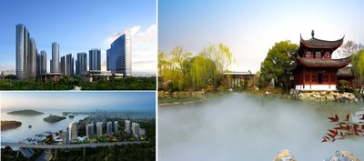 福州-【融信-白宫】（左上）、厦门-【融信-海上城】（左下）、杭州-【融信-杭州公馆】（右）