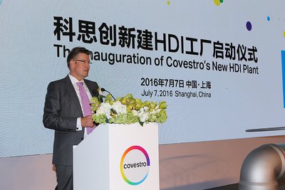 Dr. Klaus Schafer, Covestro board member responsible for production and technology, makes a keynote speech at the inauguration ceremony of the company's new HDI plant at Shanghai site in China.