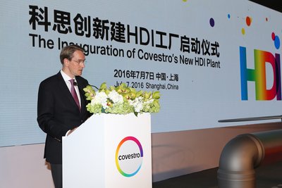 Mr. Daniel Meyer, Head of Covestro's segment Coatings, Adhesives, Specialties, makes a keynote speech at the inauguration ceremony of the company's new HDI plant at Shanghai site in China.