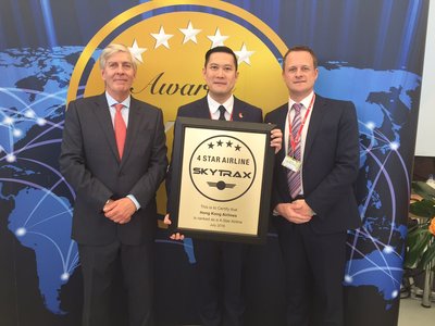 Mr. Stanley Kan, Director of Hong Kong Airlines' Service Delivery and Mr. Christopher Birt, General Manager, Inflight Services received the honour on behalf of the Company at a ceremony staged by Skytrax at the Farnborough International Airshow