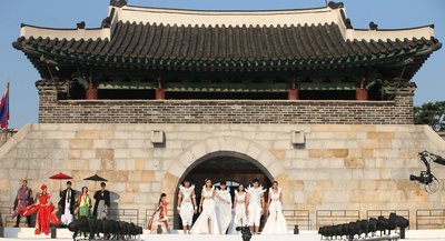 South Korean models wearing traditional Korean attire during the Asia Beauty Festival at a gymnasium in Suwon on May 20, 2016. The event was held as part of the 2016 Asia Model Festival that brought together models from 25 Asian countries.