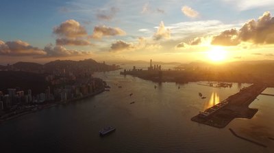 Drone videography of the Hong Kong bay at sunset