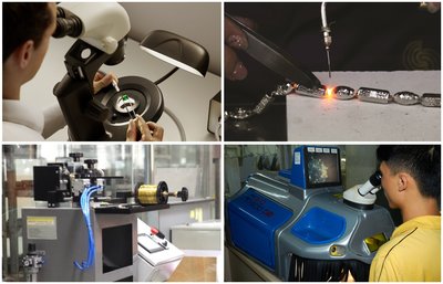 (From top left, clockwise) Gubelin Gem Lab gemmologist at work, weld-free technology for precious metal from Shenzhen Bofook Jewellery Co Ltd, jewellery polishing at Shenzhen Xingguangda Jewelry Industrial Co Ltd, and an advanced machinery at Shenzhen Ganlu Jewellery Co Ltd