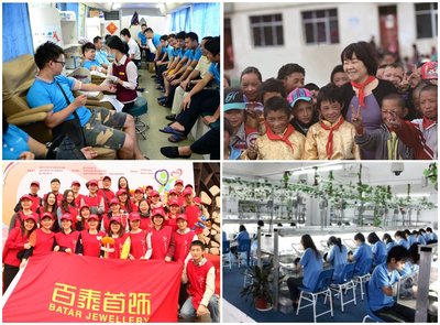 (From top left, clockwise) Employees at Shenzhen Foreway Jewellery Group Co Ltd participating in a blood drive; Wang Chunli, General Manager of Beijing Cai Shi Kou Department Store Co Ltd in Tibet for a charitable cause; environmental-friendly workplace at Shenzhen Y&M Jewelry Co Ltd; and Shenzhen Batar Investment Holding Group Co Ltd team completing a community walkathon