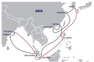 金星轮船公司宣布升级亚洲金奈服务。挂港顺序：釜山 -- 上海 -- 香港 -- 盐田 -- 新加坡 -- 巴生港 -- 金奈 -- Kattupalli -- 巴生港 -- 新加坡 -- 马尼拉 -- 釜山