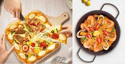 四重奏比萨（左）和西班牙海鲜饭（右）