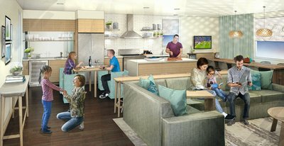 源宿酒店正在测试一种大胆的客房新设计：四间客房的中心设立一个公共房间，客人们可以共用其中的厨房、餐厅和休息区。