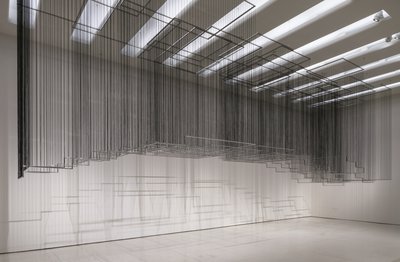 Nadia Kaabi-Linke, Flying Carpets, 2011. Stainless steel and rubber, 420 cm x 1300 x 340 cm, Solomon R. Guggenheim Museum, New York, Guggenheim UBS MAP Purchase Fund, 2015. Installation view: But a Storm Is Blowing from Paradise: Contemporary Art of the Middle East and North Africa, Solomon R. Guggenheim Museum, New York, April 29-October 5, 2016. Photo: David Heald