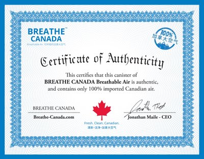Each Breathe Canada canister is accompanied by a Certificate of Authenticity