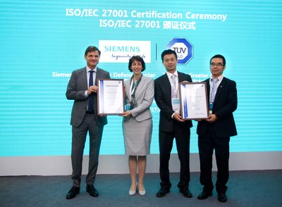 TUV南德授予西门子工业信息安全运营中心ISO/IEC 27001认证证书