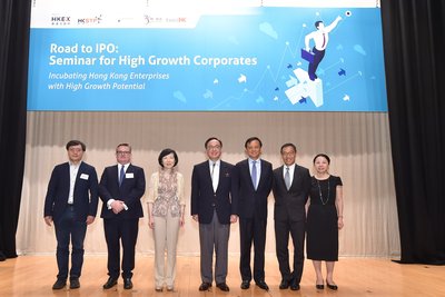 Mrs Fanny Law, Chairperson of Hong Kong Science and Technology Parks Corporation (third from left), Mr Charles Li, Chief Executive of Hong Kong Exchanges and Clearing Limited (third from right) and Mr Albert Wong, Chief Executive Officer of Hong Kong Science and Technology Parks Corporation (second from right) shared their insights and knowledge on business and corporation development during the seminar of “Road to IPO: Seminar for High Growth Corporate” held at Hong Kong Science Park.