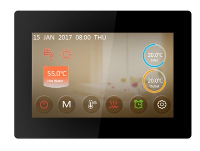 The picture shows PHNIX heat pump water heaters' 5-inch touch LCD display