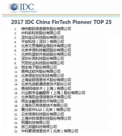 IDC揭晓China Fintech Top 25，文思海辉荣登第五名