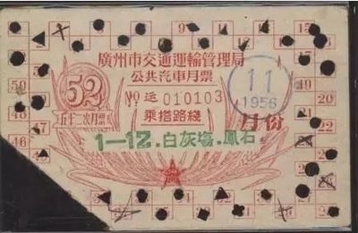 广州1956年限次打孔月票