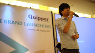 Country Manager Quipper Indonesia, Takuya Homma, memberikan pidatonya pada acara peluncuran Quipper Campus