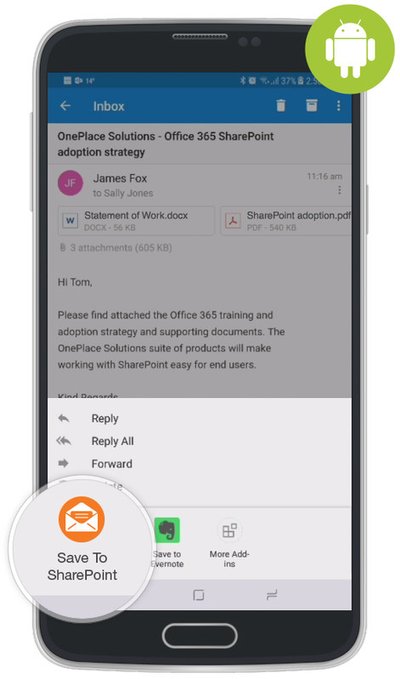 OnePlace Solutions has launched a new add-in for Microsoft Outlook on Android that enables Android users to seamlessly connect Outlook to Microsoft SharePoint