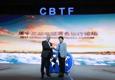 Ms. Connie Cheng, Vice Chairman of Shanghai Municipal Tourism Administration, and Mr. Elyes Mrad, SVP & General Manager of American Express Global Business Travel, International Market, at the thirteenth annual China Business Travel Forum (CBTF)