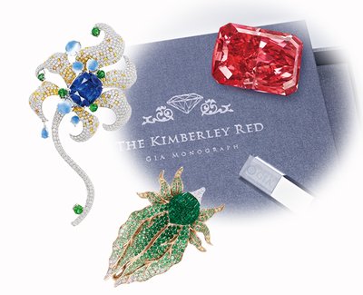 Jurassic Inc. debuts the 1.00-carat Argyle fancy red diamond, the 10.17-carat Unmounted Kashmir Sapphire Brooch and the Tsavorite Garnet and Diamond Brooch