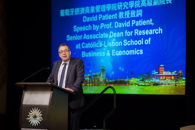 Professor David Patient, senior associate dean for research of Catolica Lisbon School of Business & Economics, delivers his remarks during a Nov. 17 graduation ceremony for the Sands China International Strategic Leadership Programme for Integrated Resorts.