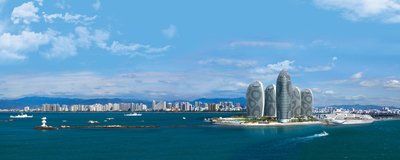 Gorgeous skyline of Sanya with modern architecture and tropical scenery.