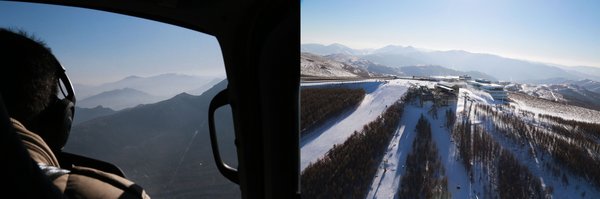 乘坐直升机高空俯瞰滑雪场