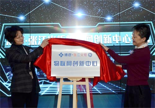 鲍春蕾（左）与丁邵琼共同为“博彦-张江火炬物联网创新中心”揭牌