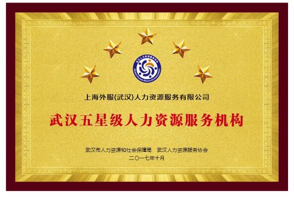 武汉五星级人力资源服务机构奖状