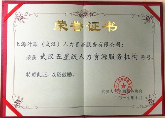 武汉五星级人力资源服务机构证书