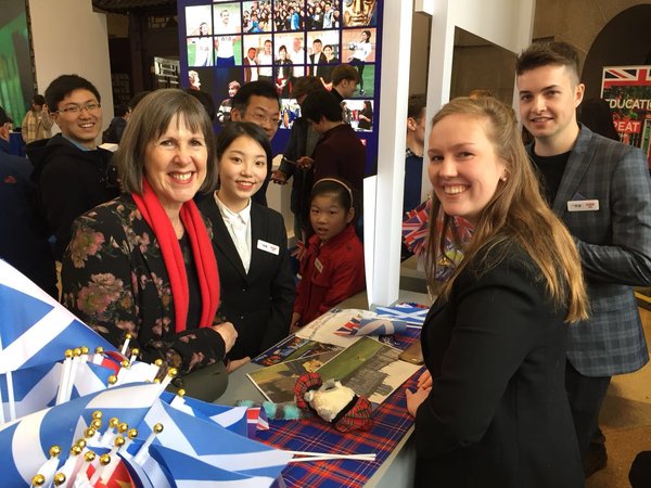 Professor Dame Janet Beer (left wearing a red scarf) at the launch of the 'English is GREAT' campaign in Wuhan