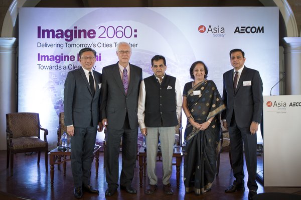 Imagine Delhi: Towards a Clear Sky, the inaugural event in the second year of the ground-breaking global conversation series sponsored by Asia Society and AECOM opened today in Delhi, India. (L-R) Mr. Sean Chiao, President, Asia Pacific, AECOM; Emeritus Senior Minister Goh Chok Tong of the Republic of Singapore; Mr. Amitabh Kant, Chief Executive Officer, NITI Aayog; Ms. Bunty Chand, Chief Executive Officer, Asia Society India Centre and Mr. Avinash Misra, Chief Executive, India, AECOM