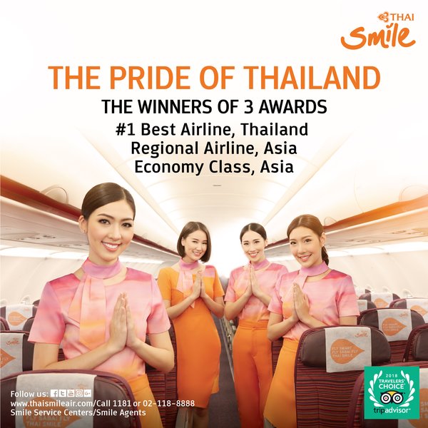 THAI Smile wins the Grand Prize from TripAdvisor for the second consecutive year, Best Airline in Thailand, Winner of Regional Airline in Asia and Winner of Economy Class Airline in Asia