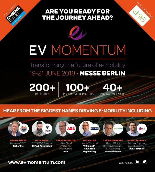 EV Momentum（2018国际新能源汽车动力峰会）将于2018年6月19-21日在德国柏林国际会展中心举办，届时40多位新能源汽车动力全球意见领袖及100多家支持伙伴，250名行业代表参与大会。