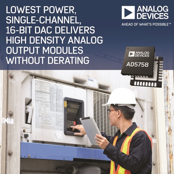 ADI低功耗、單通道16位元DAC  支援高密度類比輸出模組且無須降額