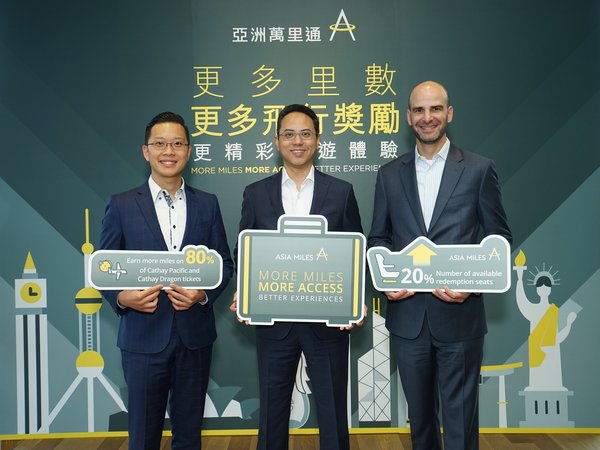Asia Miles announces programme changes to increase the numbers of available redemption seats by 20% or more from 22 June 2018. Asia Miles CEO, Stephen S.Y. Wong (centre), Alan Lui, COO (left) and Jason Adessky, Head of Strategy & Coalition Development (right).