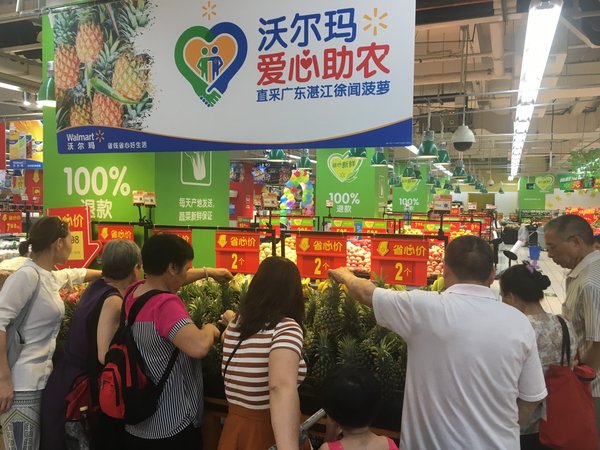 湛江市徐闻县滞销菠萝在93家沃尔玛购物广场陆续上架销售。