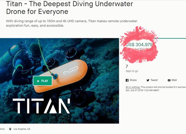 水下无人机泰坦众筹总额已破30万美金