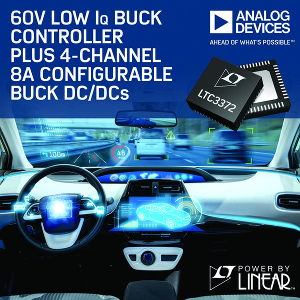ADI 60V 低 IQ降壓型控制器和 4 通道 8A 可配置降壓型 DC/DC