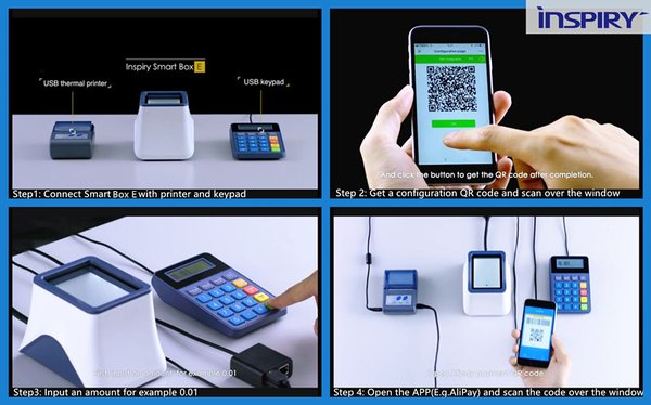 Inspiry Smart Box membolehkan penguna membuat bayaran menggunakan telefon pintar mereka dengan mengimbas kod QR sebaik sahaja proses konfigurasi ringkas selesai
