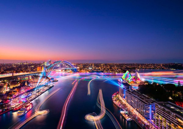 Views of Harbour Lights installations on marine vessels moving across Sydney Harbour during Vivid Sydney 2018