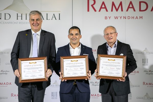 (Left to Right): Mr David Wray, Vice President of Development and Acquisition, South East Asia and Pacific Rim of Wyndham Hotels & Resorts, Mr. Andres Pira, CEO of Blue Horizon Developments, and Mr. Glenn De Souza, Founder & CEO of Kos Mopolitan Hospitality signed the partnership agreement on Ramada Plaza Grand Himalai Oceanfront Residences on September 11, 2018.
