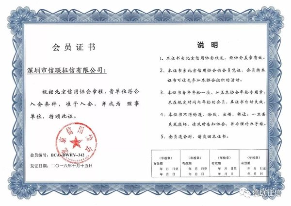 北京信用协会会员证书